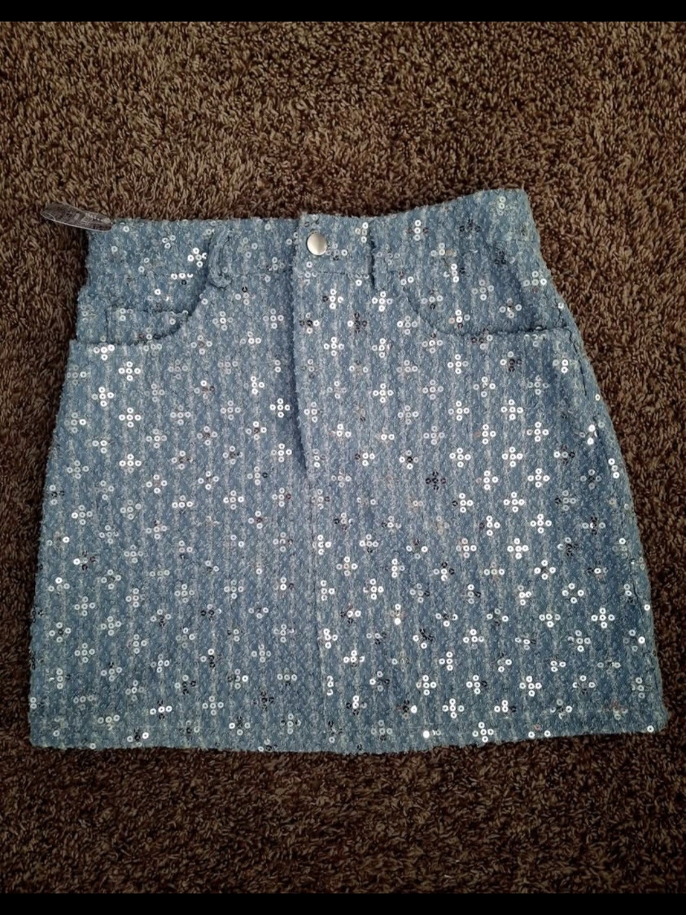 Blue Denim Sequin Mini Skirt with Front Button
